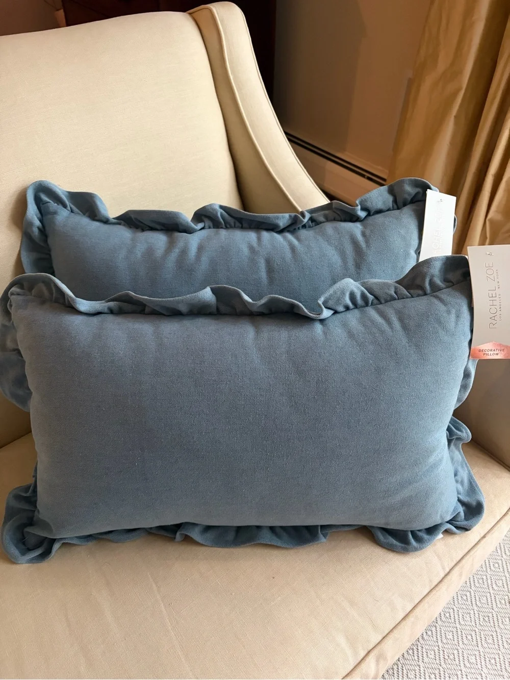 NWT Rachel Zoe Denim Ruffle trim lumbar pillow